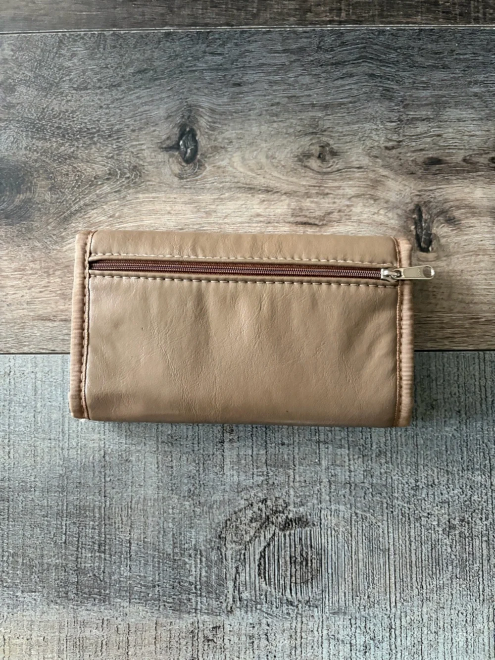 Taupe Tri-Fold Wallet Organizer Snap Clutch w Zip Coin Pocket